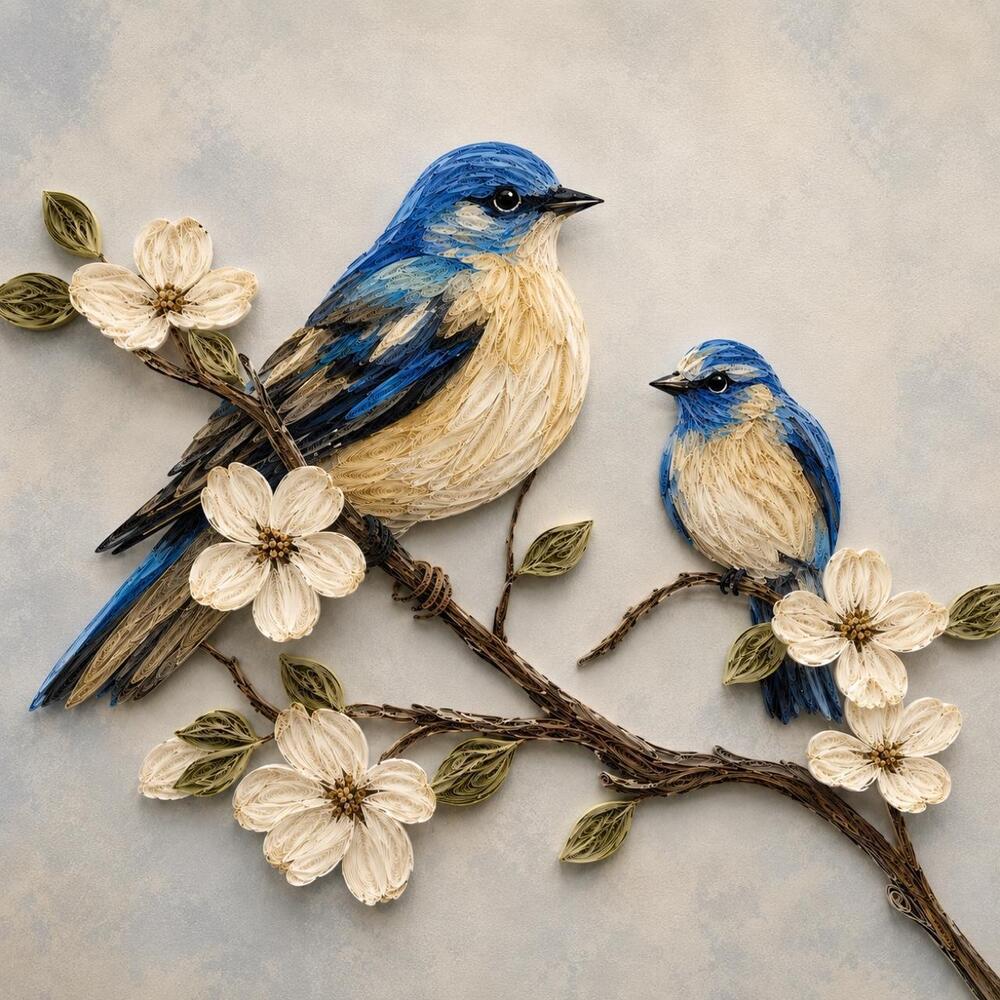 8x8 Framed Quilled Bluebirds & Dogwood Floral Art Print